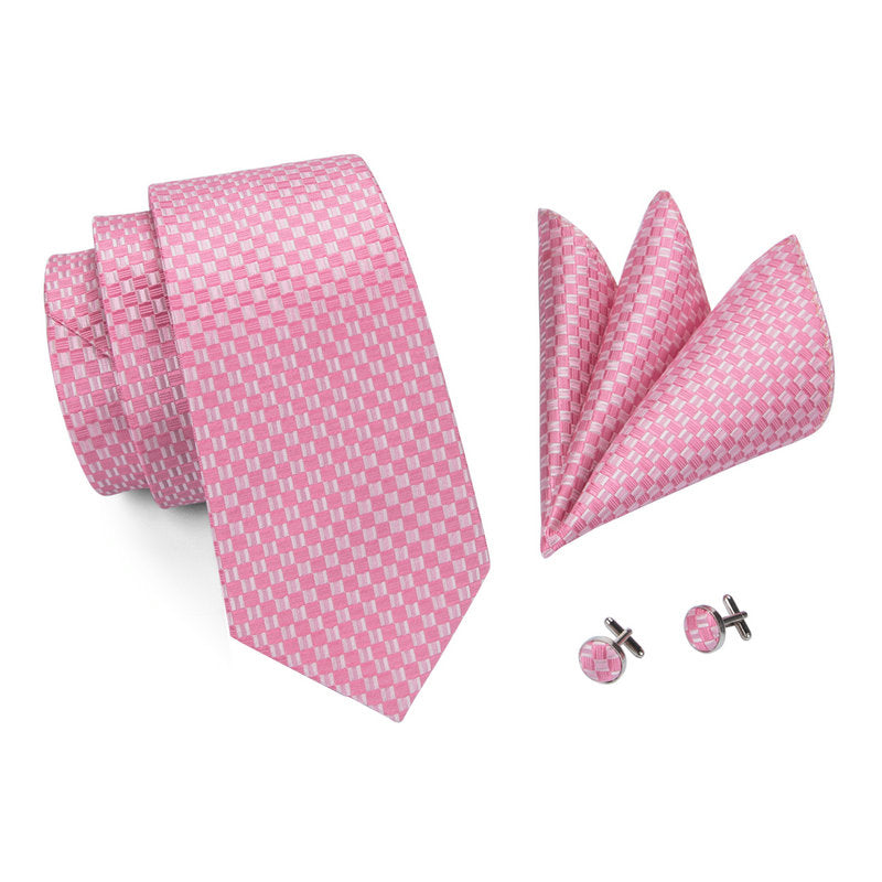 Pink and White Plaid Silk Tie Set – Men's Formal Wedding Tie, Hanky, Cufflinks