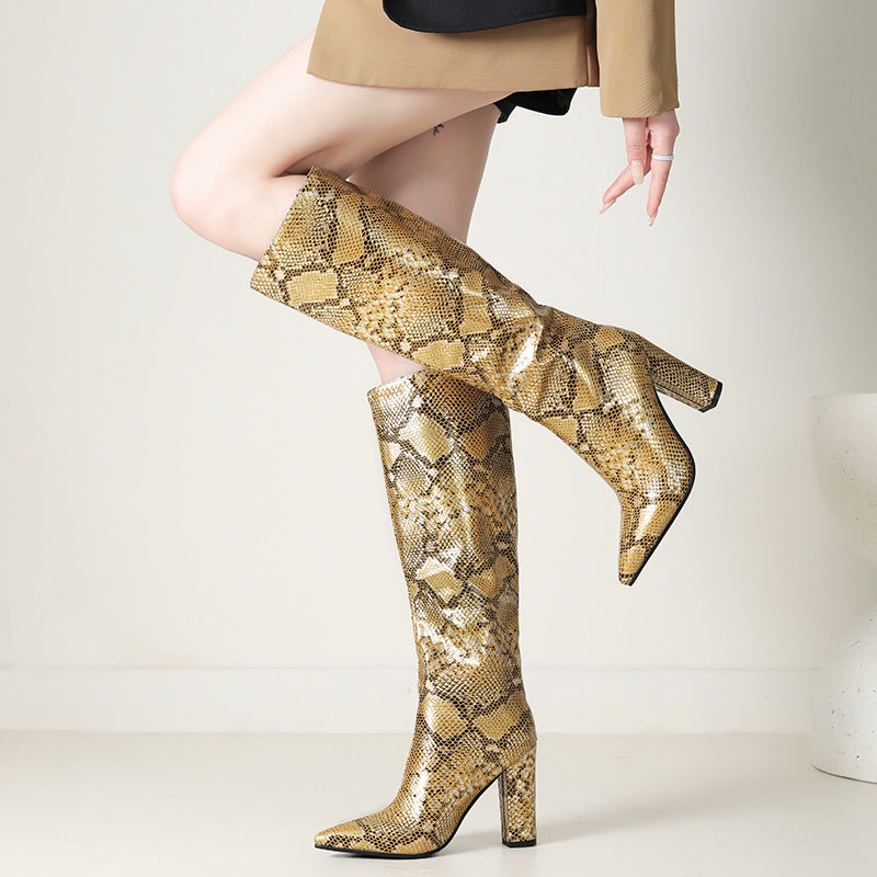 Women's Snake Grain Thickness High-heeled High Top High Leg Boot