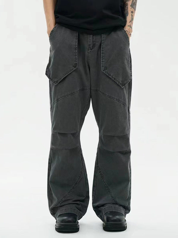 Black Washed Pleated Large Pocket Design Loose Micro-flared Trousers