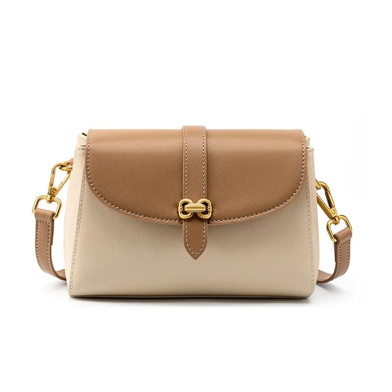 Elegant Small Square Messenger Bag with Gold Buckle & Bow - Leather Shoulder Bag