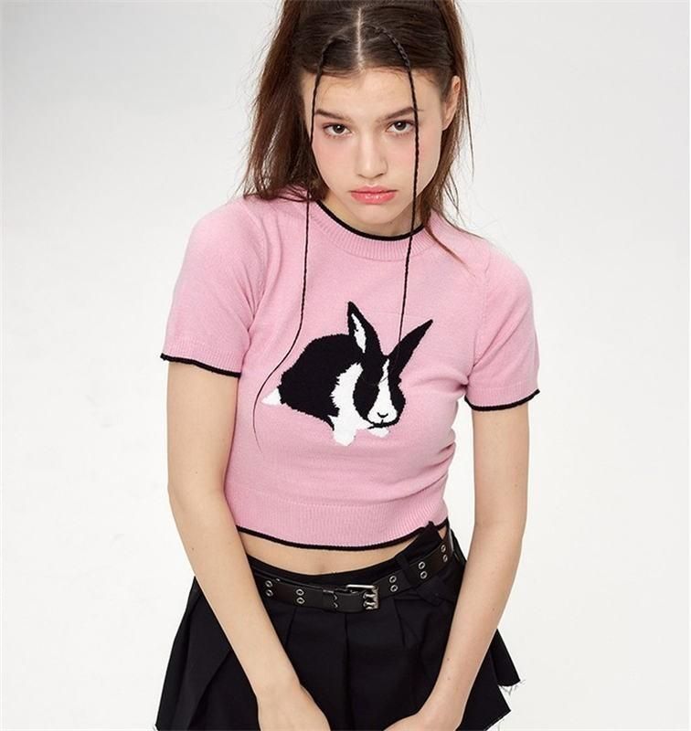 Charming Rabbit Cartoon Short Sleeve Knitted T-shirt