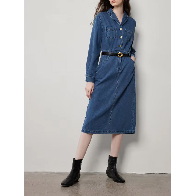 Mid-Length Denim A-Line Dress with Lapel Collar and Long Sleeves