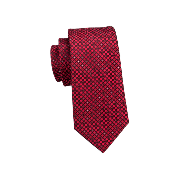 Elegant Red Plaid Silk Tie with Cufflinks and Handkerchief