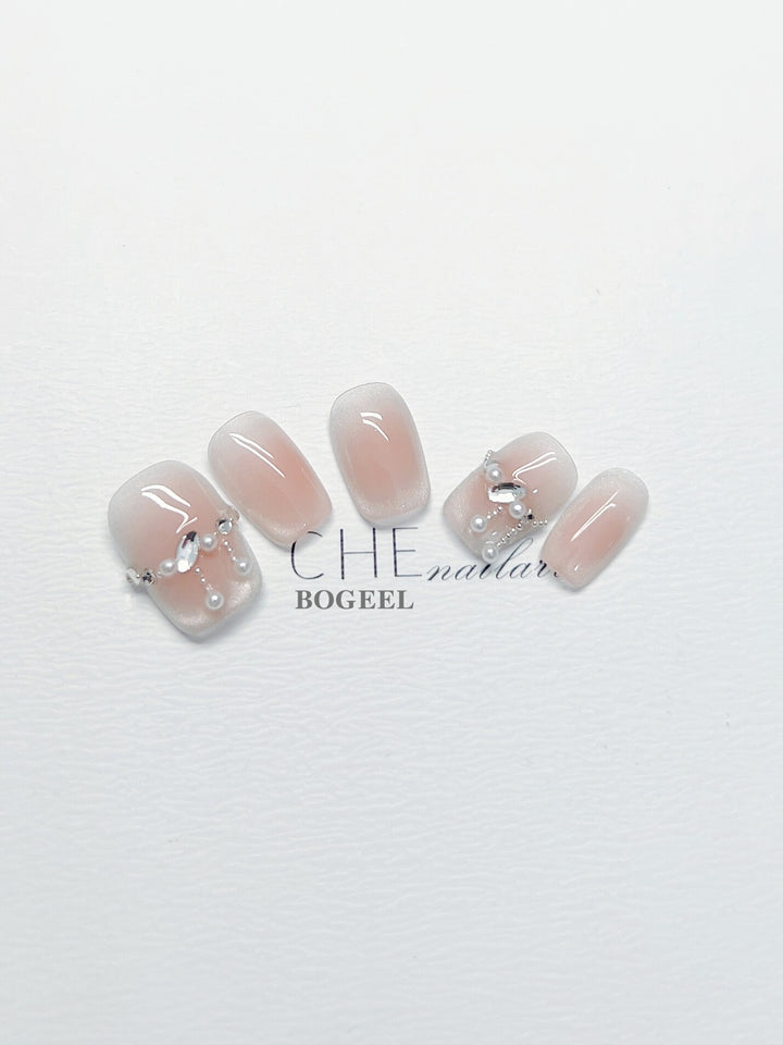 Hand-worn Nail Blush Smudges Rhinestone Short