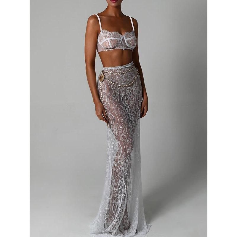 Elegant Lace Two-Piece Skirt Set - Sheath Crop Top with Maxi Skirt for Parties and Beach
