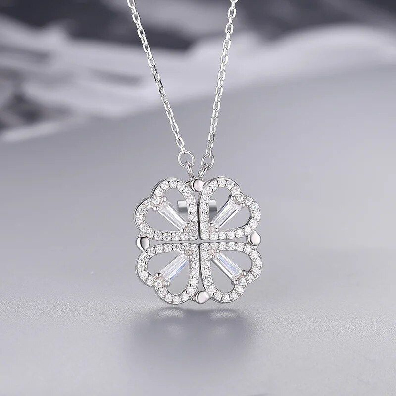 Elegant Heart-Shaped Crystal Clover Pendant Necklace - Fashion Jewelry for Women