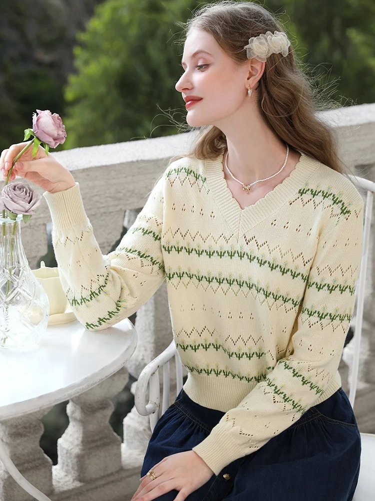 Apricot V-Neck Hollow Knit Sweater for Women