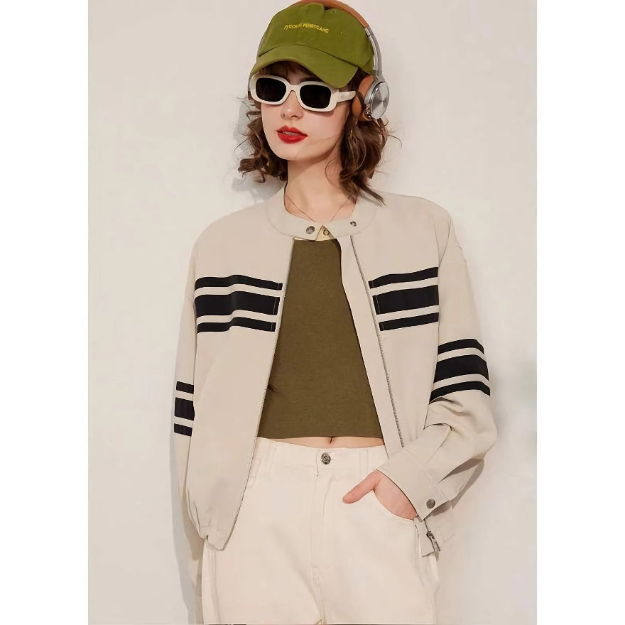 Spring Women's Loose Fit Striped Jacket with Contrast Colors