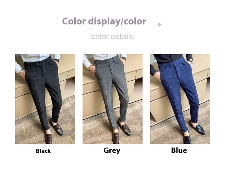 Korean Style British Classic Checkered Elegant Slim Fit Men's Best Man Pencil Pants Suit Pants