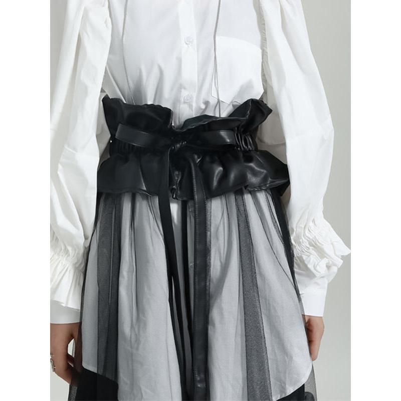High Waist Black PU Leather Ruffles Mesh Long Elegant Half-body Skirt