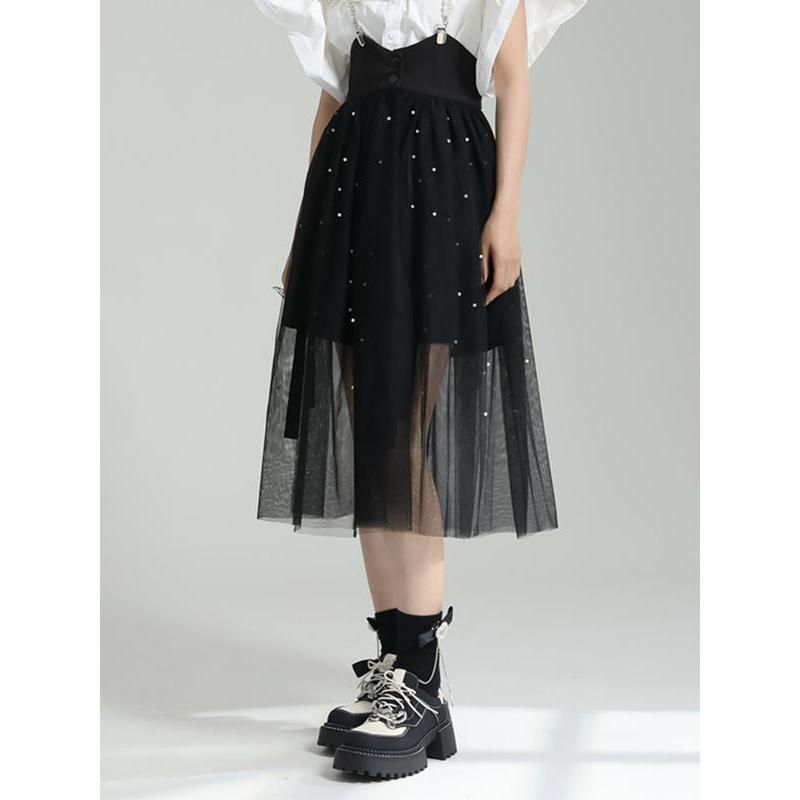 Elegant Black Dot Mesh Half-Body Skirt