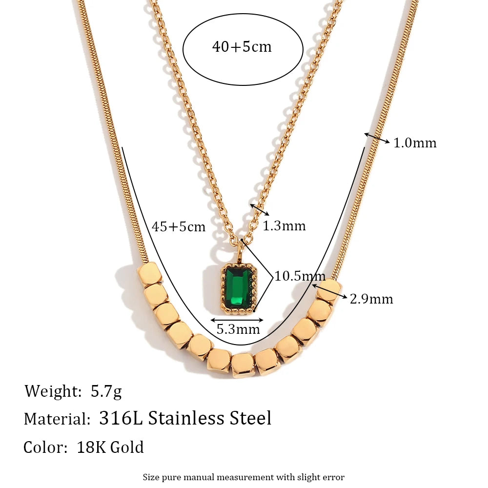 18K Gold Plated Green Rhinestone Pendant Double-Layer Necklace