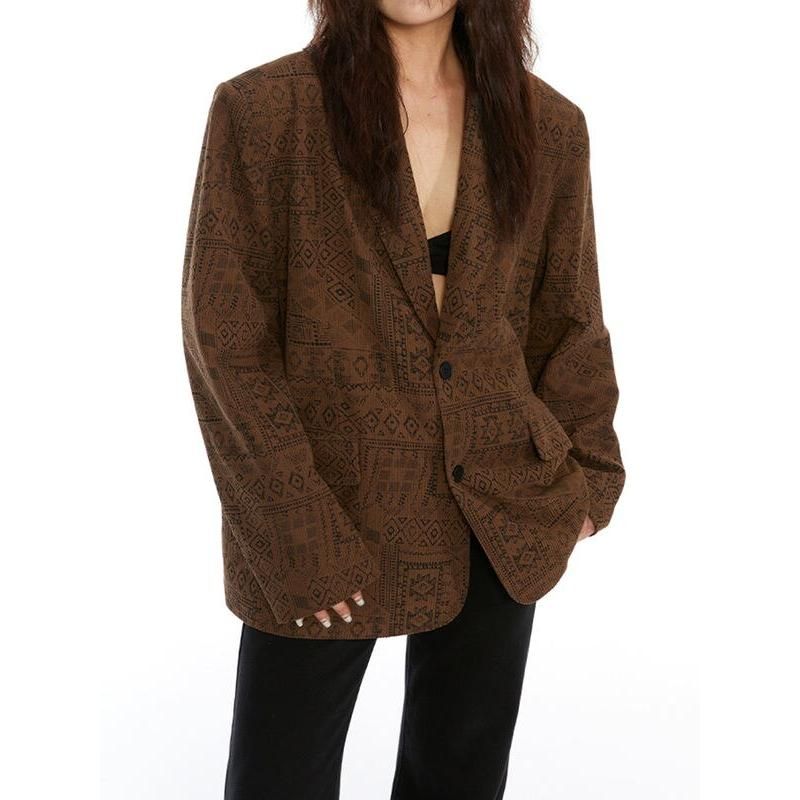 Autumn Elegance: Women's Totem Print Blazer with Long Sleeves and Pockets