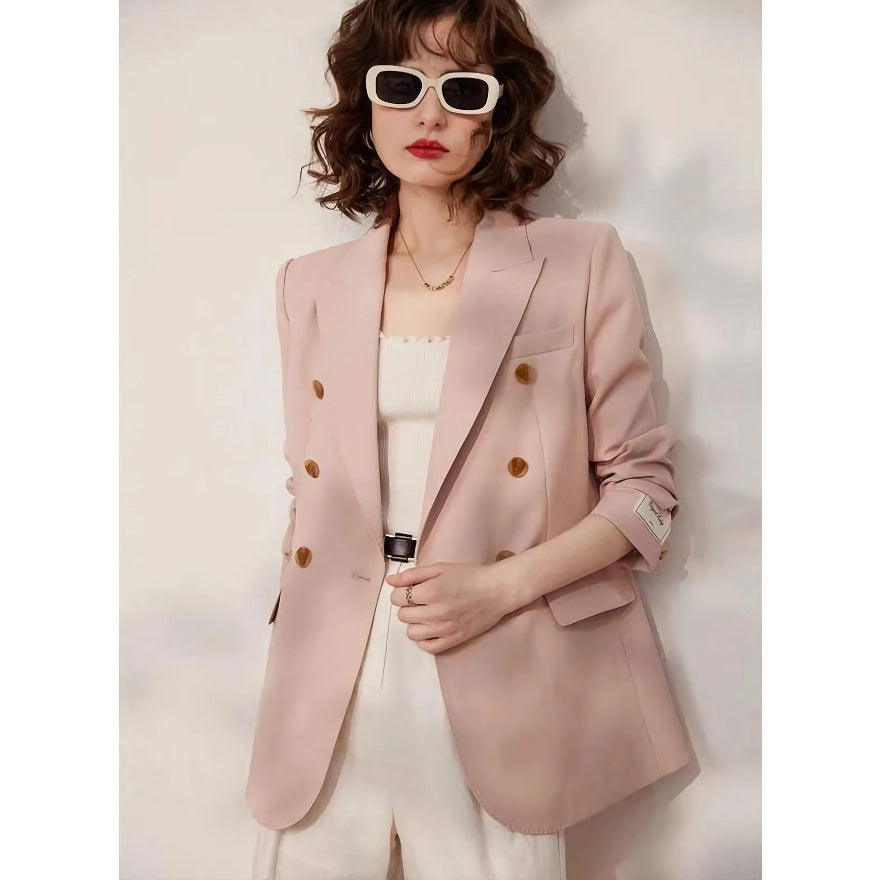 Spring Pink Double Breasted Blazer for Women - Stylish Office Suit Jacket