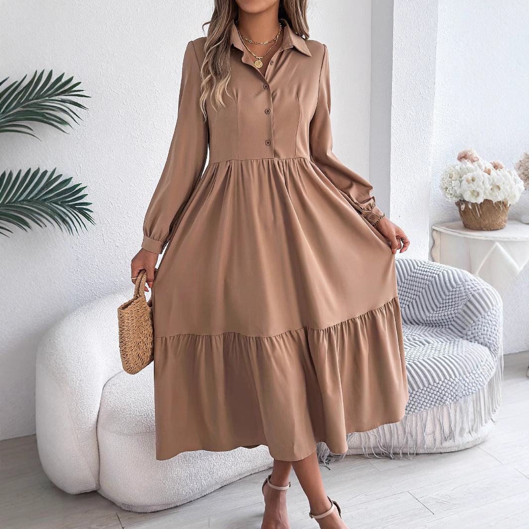 Lapel Casual Loose Long Sleeve Ruffled Shirt Dress