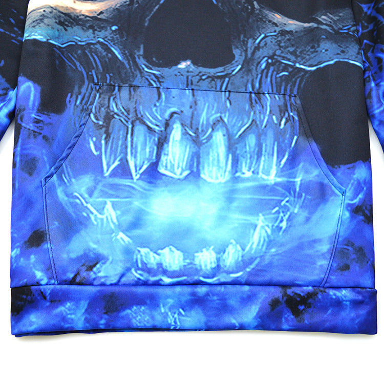 Blue Skull Printed Hood Pocket Pullover Sweater