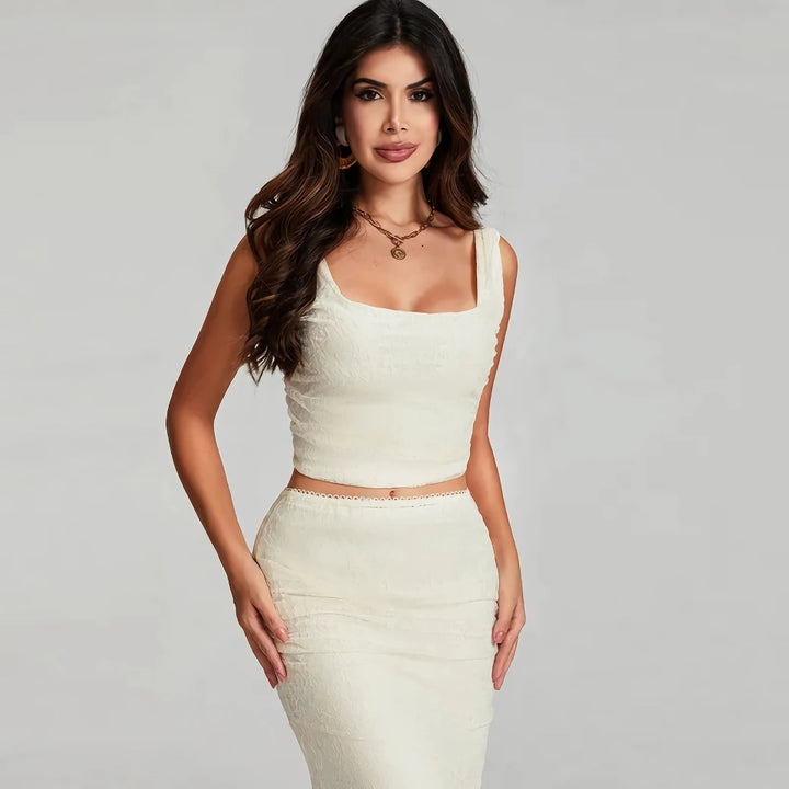 Elegant Lace Two-Piece Set for Women - Sleeveless Top and Long Skirt