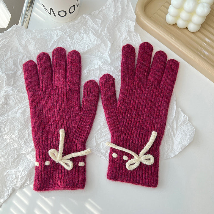 Autumn And Winter New Bow Pure Color Warm Keeping Finger Gloves