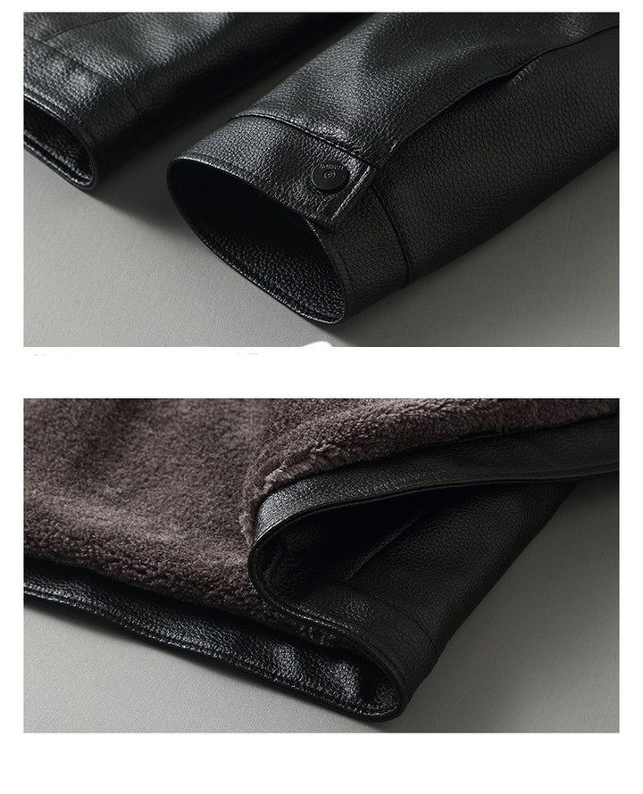 Fleece-lined Men's Leather Clothing With Stand Collar