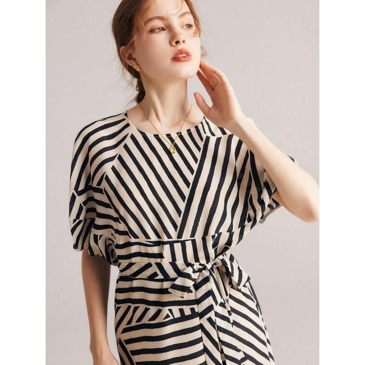 Elegant Striped Silk Mid-Calf Dress with Batwing Sleeves
