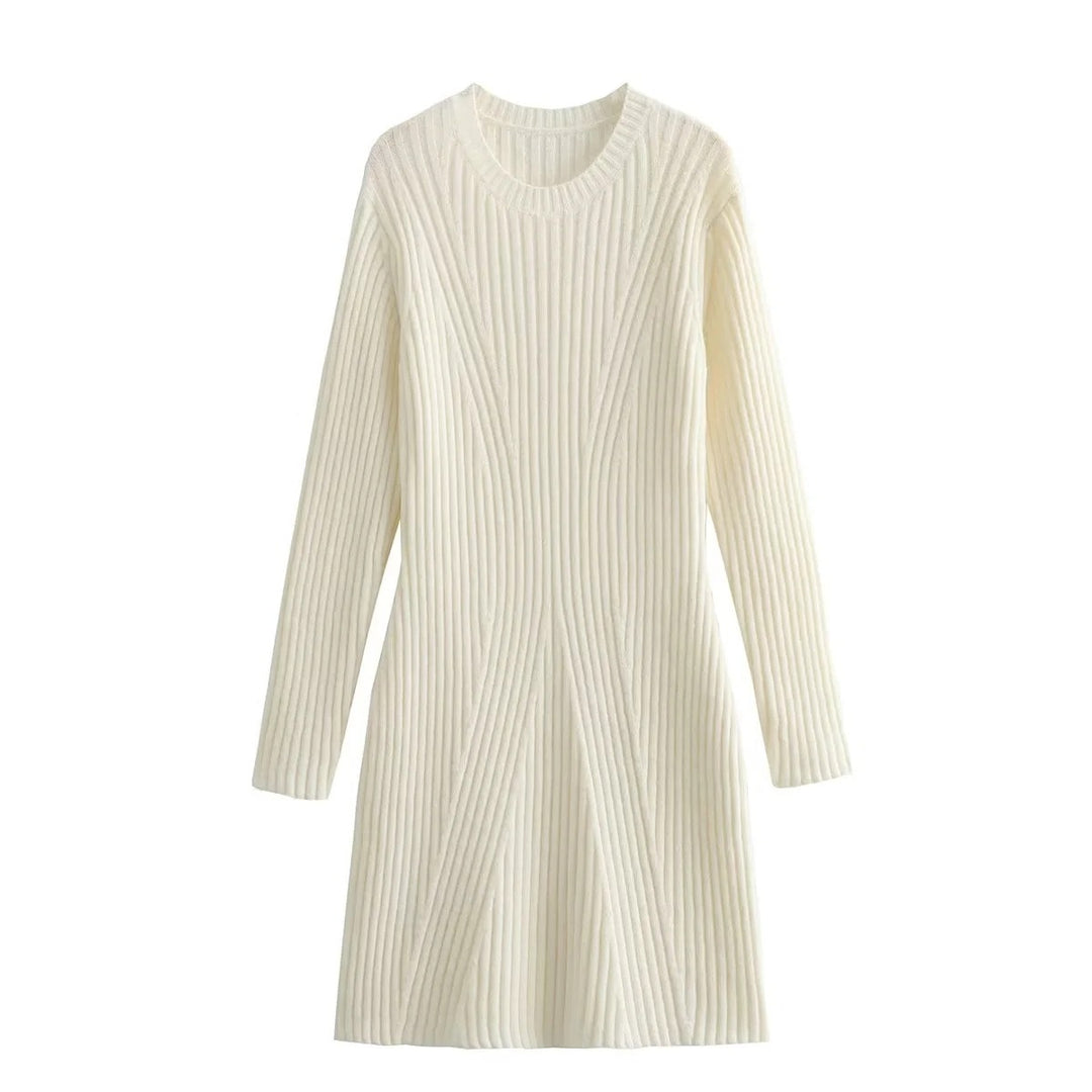 Textured Round Neck Long Sleeve Slim Knit Dress