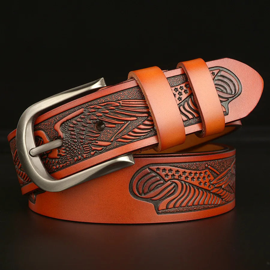 Men's Retro Cowhide Leather Belt with Eagle Carving