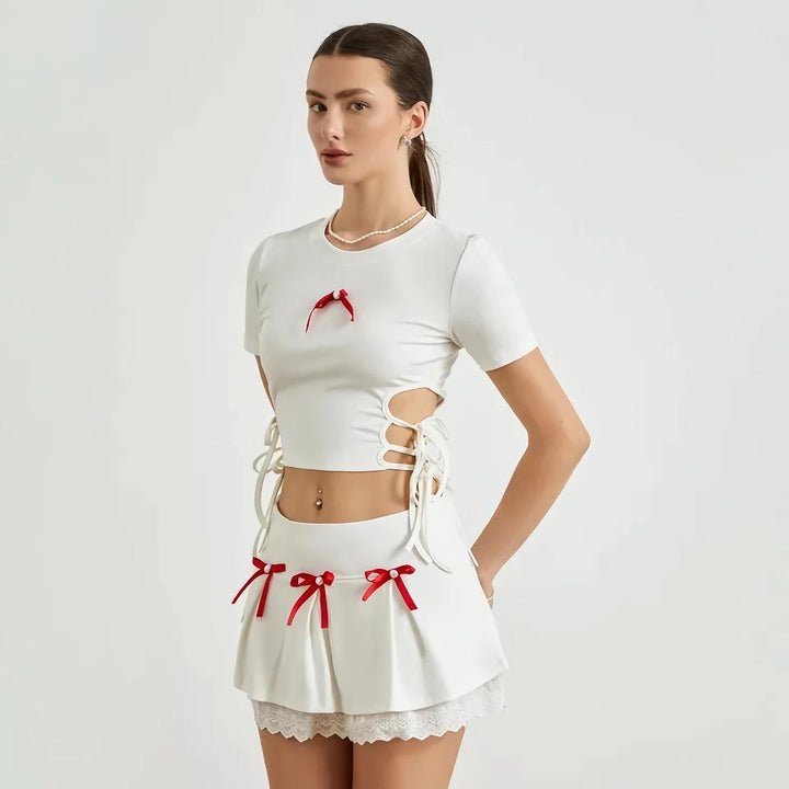 Cute Lace 2-Piece Summer Set Bandage T-Shirt + Mini Skirt