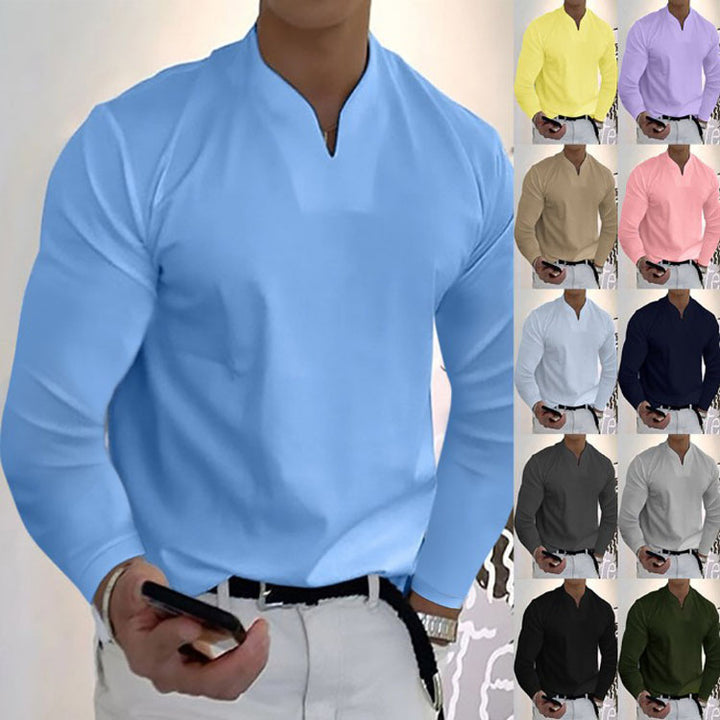 Male Fashion Casual Solid Color V-neck Long Sleeve Shirts