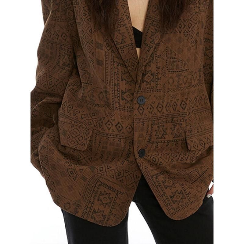 Autumn Elegance: Women's Totem Print Blazer with Long Sleeves and Pockets