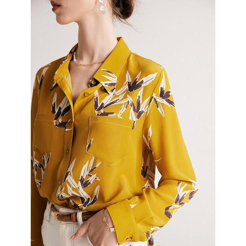 Luxury Mulberry Silk Printed Blouse with Pockets