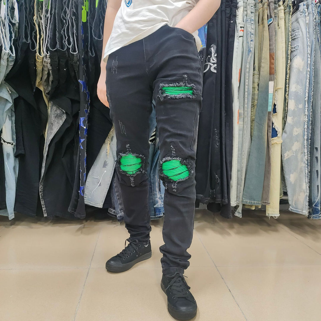 Black Ripped Jeans Men's Green Patchwork Patch Street