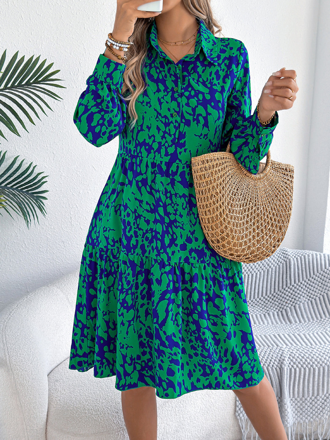 Casual Loose Contrast Color Leopard-print Long-sleeved Shirt Dress