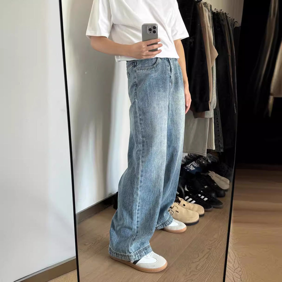 Men Blue Washed Front Dart Wide Leg Jeans main image 1