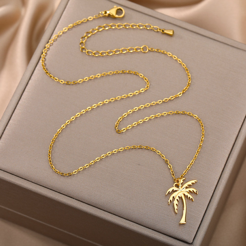 Gold Stainless Steel Palm Tree Pendant Necklace - Bohemian Summer Ocean Beach Jewelry
