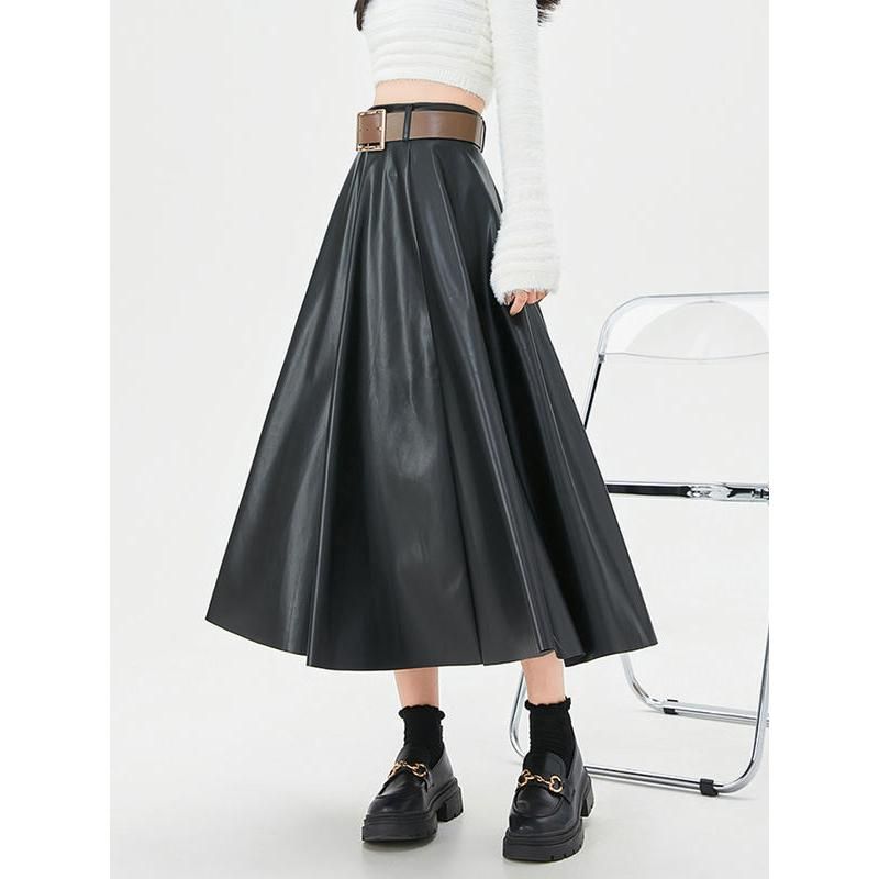 Elegant High-Waist Faux Leather Skirt with Belt