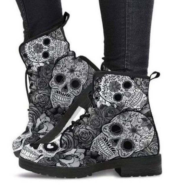 Women's Printed Cartoon Lace-up High-top Leather Boots