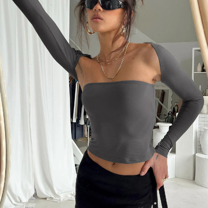 Sexy Tube Top Cinched Waist T-shirt Long Sleeve Tight Two-piece Blouse Women's Top