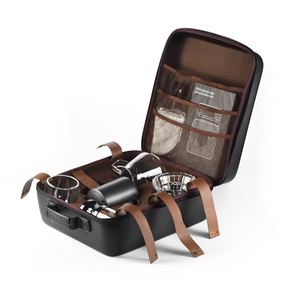 10-Piece Premium Travel Coffee Set: Manual Grinder, Cups & Filters in PU Bag