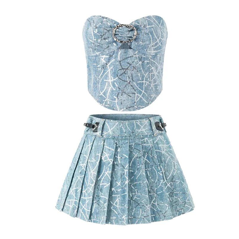 90s Retro Sequin 2-piece Skirt Set: Off-the-Shoulder Corset Top with Mini Pleated Skirt