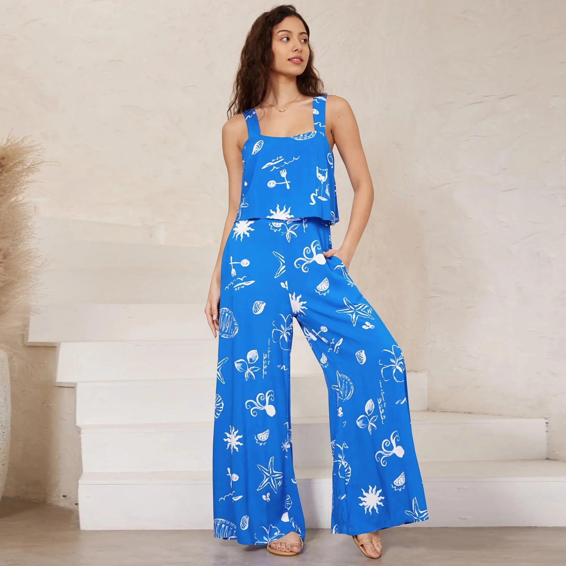 Chic Paisley Print Wide Leg Jumpsuit with Suspender Top Set - Women&