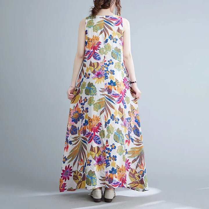 Floral Print Cotton Linen Long Dress