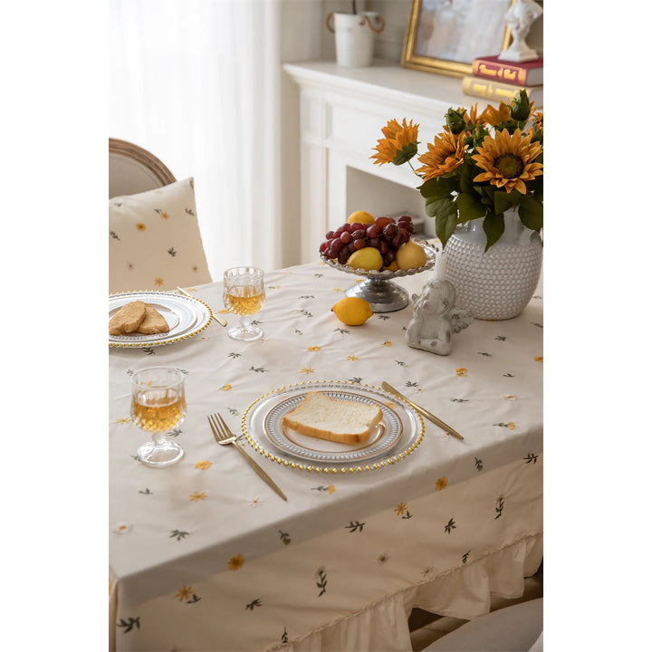 Elegant Cotton Apricot Embroidered Tablecloth with Lotus Leaf Edge