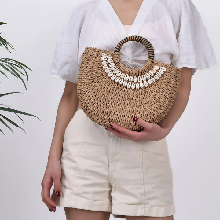 Handmade Straw Woven Seashell Beach Resort Crossbody Handbag