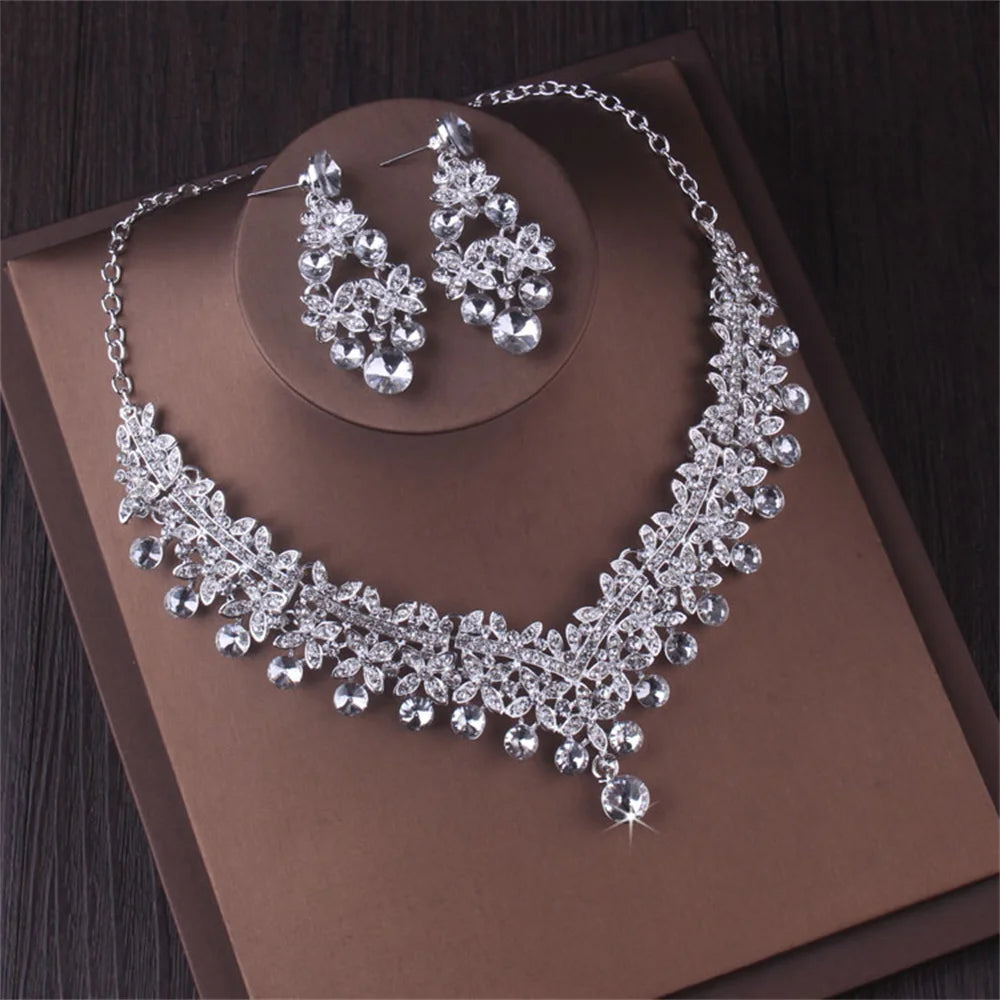 Luxury Crystal Bridal Jewelry Set - Silver Choker Necklace, Water Drop Earrings & Tiara