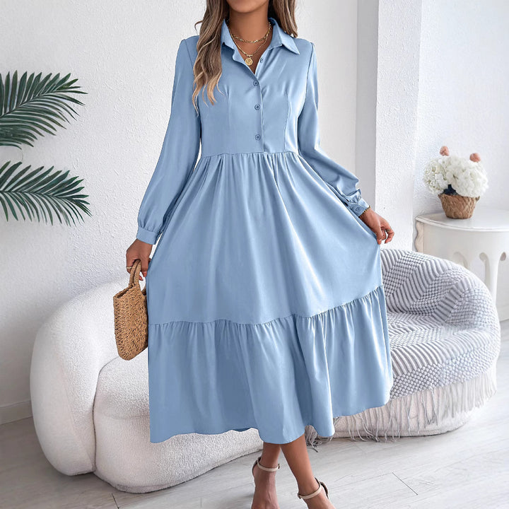Lapel Casual Loose Long Sleeve Ruffled Shirt Dress