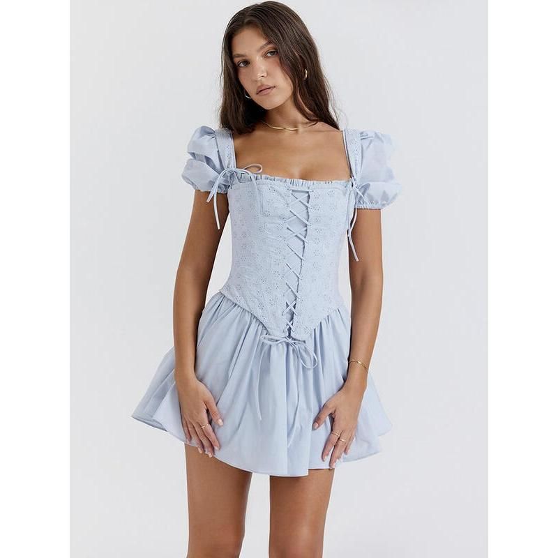 Elegant Puff Sleeve Square Collar Mini Dress