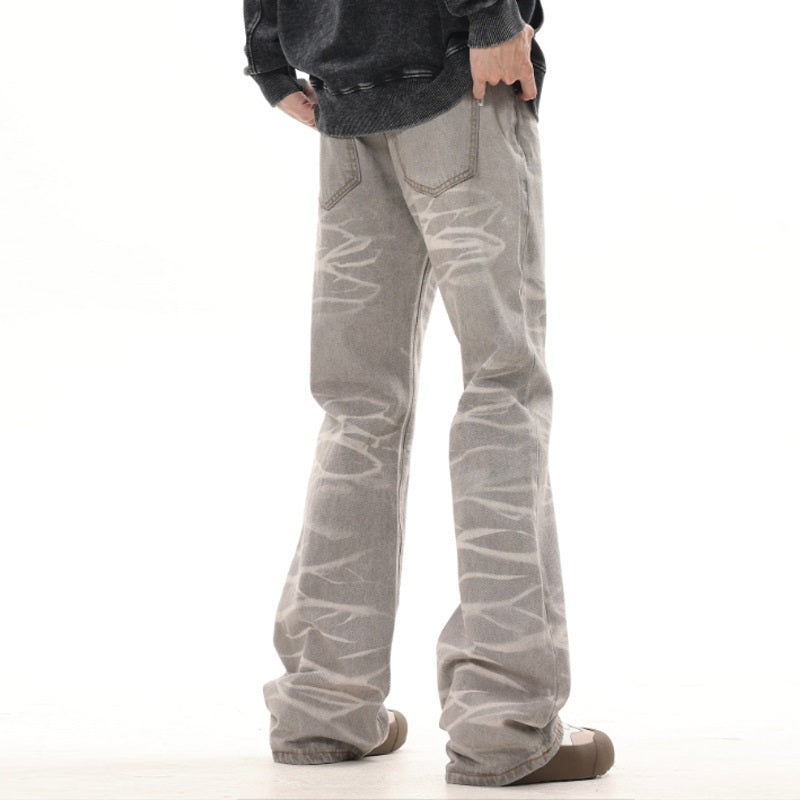 Retro Washed Striped Distressed Dirty Mud Gray Straight Jeans