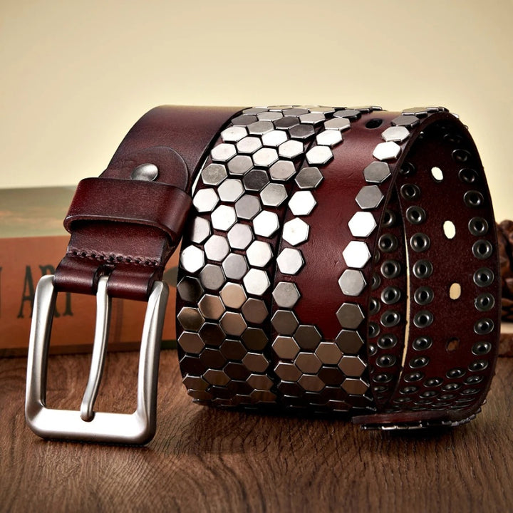 3.8cm Wide Rivet Studded Leather Belt