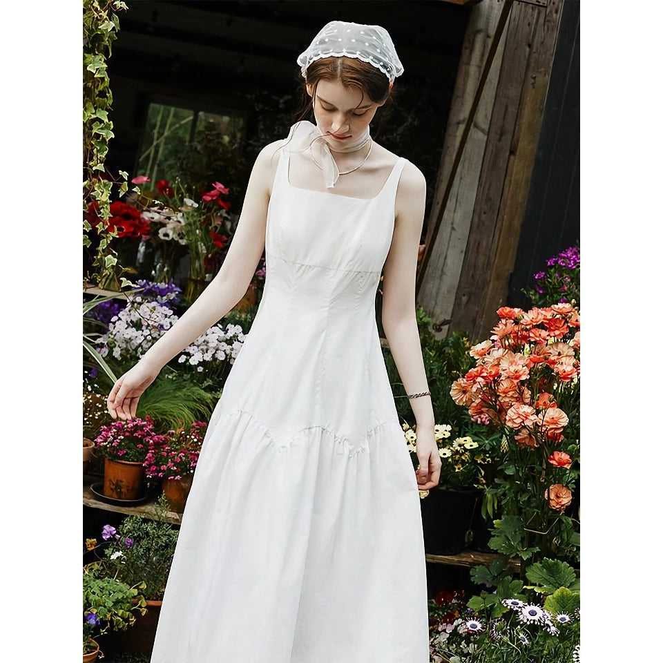 French White Suspender Long Dress