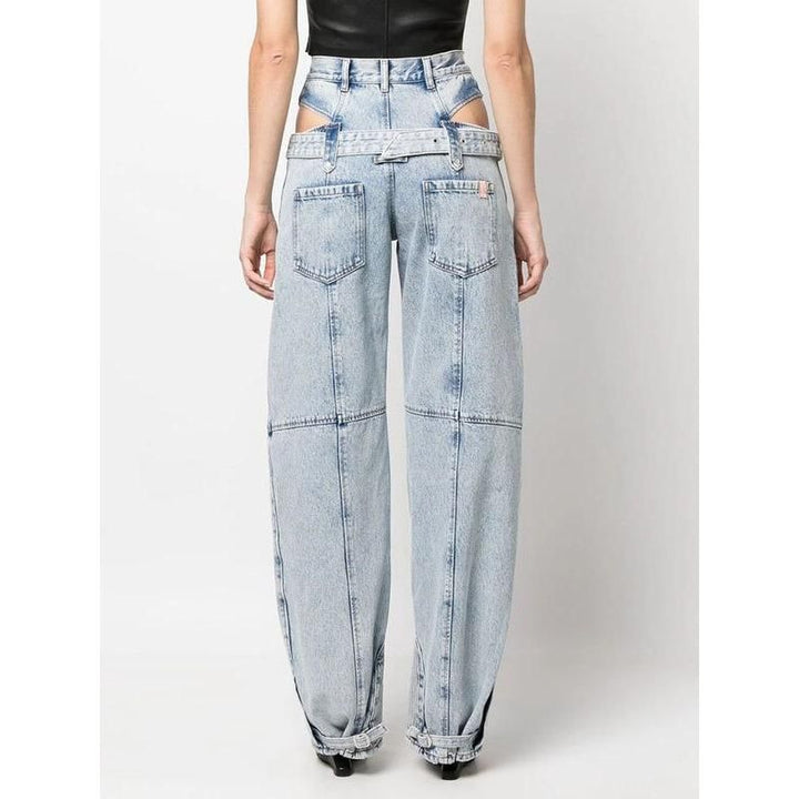 High Waist Casual Straight Denim Trousers with Hollow Out Detail